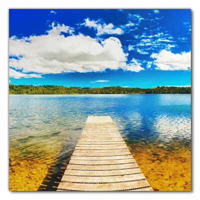 Produktbild von Wallario selbstklebende Möbelfolie/ Tischdecke für Innen und Außen, Größe: 80 x 80 cm - Klarer See mit Steg - Blauer Himmel