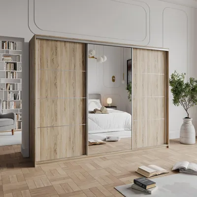 Produktbild von Masseno Schiebetürenschrank VARO 250/205/60 cm Kleiderschrank mit 4 Schubladen Schlafzimmer Schrank 3-türig mit Spiegel Sonoma Eiche