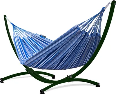 Produktbild von Potenza Outdoor Pereira Hängematte mit Gestell für 2 Personen I 100% Baumwolle Doppelhängematte 220x140 cm, 160kg I Grün Hängemattengestell 220kg, wetterfest