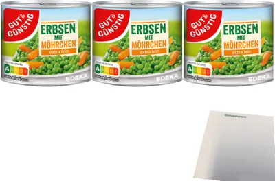 Produktbild von Gut & Günstig Junge Erbsen mit Möhrchen extra fein (3x200g Dose) + usy Block