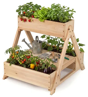 Image de Jardinière surélevée verticale COSTWAY, structure en A, jardinière à deux niveaux en bois de sapin, avec 3 bacs à fleurs et une étagère ouverte, dimensions : 66 x 58 x 60 cm