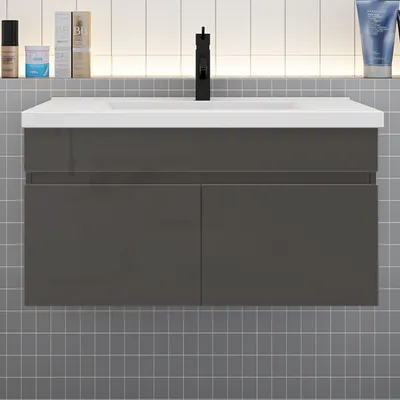 Produktbild von Badmöbel HUTI-Serie 80cm Hochglanz Dunkelgrau Keramik Waschtisch mit Unterschrank Hängeschrank Badezimmermöbel mit 2 Türen