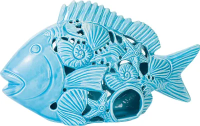 Produktbild von TERRECOTTE DEL SOLE - Hellblauer, perforierter Fischlichthalter aus original sizilianischer Keramik H 21 cm, von Hand gefertigt und Nachbildungiert., 9 x 38 x 21 cm
