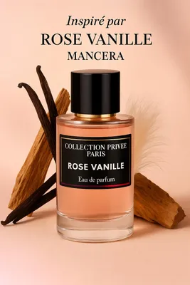 A bottle of perfume is displayed with decorative elements.