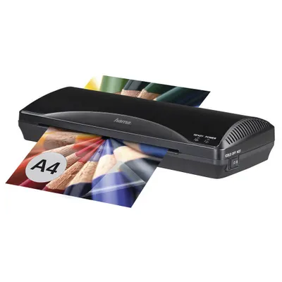 A black laminator with a sheet of paper being fed into it. The paper has a colorful image of pencils and the text 'A4' on it.