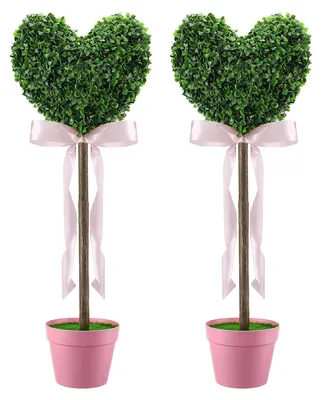 Produktbild von 1/2 Stück künstliches Herz-Topiary-Baum-Set mit Regenbogenschleife, geeignet für drinnen und draußen, Garten, Veranda, künstliche Sträucher und Pflanzendekoration