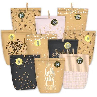 Productafbeelding van Adventskalender om zelf te vullen, 24 papieren zakjes met cijferstickers, bruin/zwart/roze