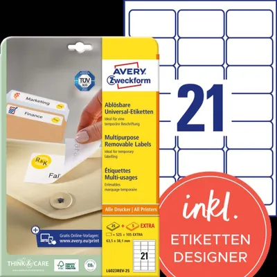 Produktbild von Avery Zweckform L6023REV-25 Universal-Etiketten, ablösbar, A4 63,5 x 38,1 mm, weiß