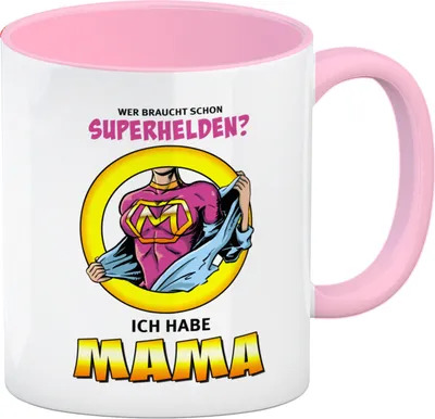 Produktbild von Kaffeebecher Rosa Comic mit Spruch - Wer braucht schon Superhelden? Ich habe