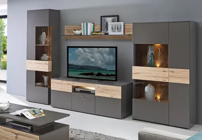 Image de Meuble mural modulaire 320 cm, gris tungstène, chêne planché, 4 éléments avec vitrines