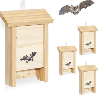 Image de Relaxdays : lot de 4 nichoirs pour chauves-souris, abri pour chauves-souris, bois non traité, dimensions : 25 x 18 x 6 cm, couleur naturelle
