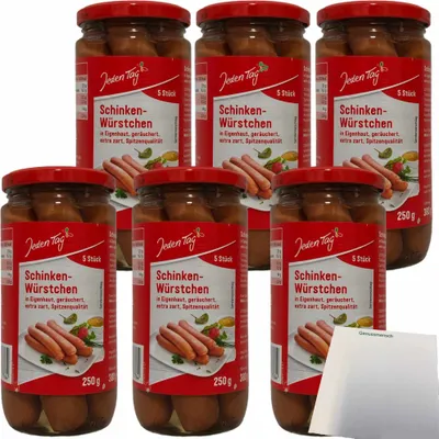 Produktbild von Jeden Tag Schinkenwürstchen extra zart in Eigenhaut geräuchert 6er Pack (6x 5x50g Glas) + usy Block