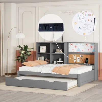 Zdjęcie produktu dla Łóżko dziecięce Fortuna Lai rozkładane łóżko do przechowywania (z wysuwanym łóżkiem, złączem ładowania USB, tablicą do rysowania, schowkami, 90*200 cm), szare