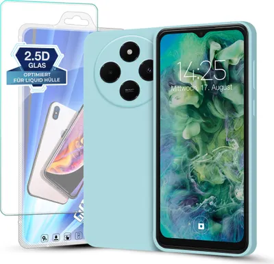 Produktbild von Hülle für Xiaomi Redmi 14C mit 9H Displayglas Displayschutz Plus Case Cover Bumper Silikon Softgrip Schutzhülle Farbe: Hellblau