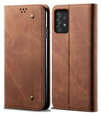 A brown leather flip wallet case for a Samsung Galaxy A53 5G phone is shown from the front and side.