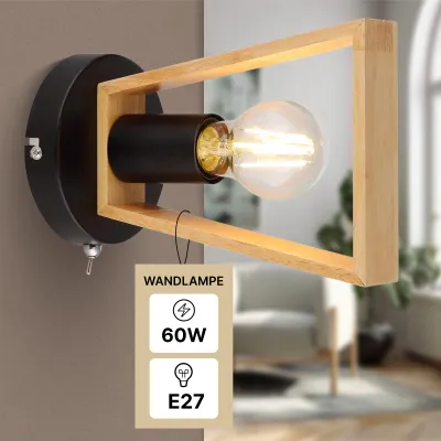 Produktbild von Wandleuchte innen Schwarz, 1-flammig, rustikal mit Holzschirm, ARTE LAMP Brussels, E27 bis 60 W, Wohnzimmer & Flur, 21 x 12 x 15 cm, A8030AP-1BK
