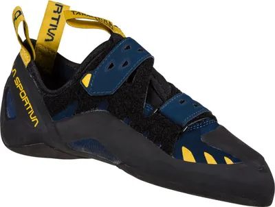 Kletterschuh "Tarantula Boulder" von La Sportiva in Schwarz und Blau mit gelben Akzenten und Klettverschluss.
