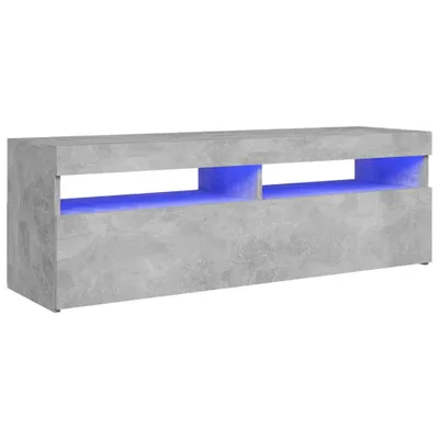 A concrete gray TV stand with blue LED lighting.
