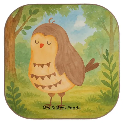 Produktbild von Mr. & Mrs. Panda Untersetzer für Gläser Eule Zufrieden Design - Weiß - Geschenk, glücklich, Tassenuntersetzer, Waldtier, Holzuntersetzer, gläseruntersetzer, Owl, Müde