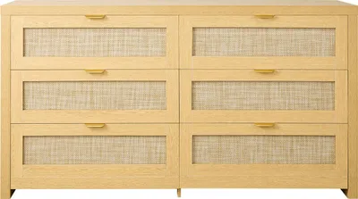 Produktbild von SucceBuy Rattankommode mit 6 Schubladen und Metallgriffen, moderner Aufbewahrungsschrank für Schlafzimmer, Wohnzimmer und Flur (144,5 x 45 x 79,5 cm) Kleiderschrank Schubladenschrank