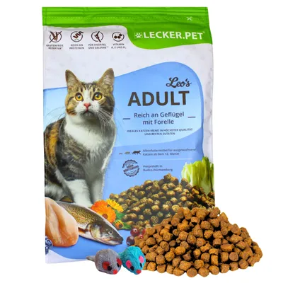 Produktbild von 2,5 kg Lecker.Pet® Leo's Adult Geflügel & Forelle Katzenfutter Trockenfutter Vollnahrung + 2 Mäuse