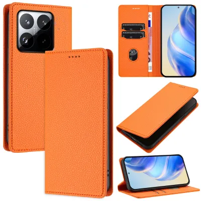 Image de Housse en cuir Litchi pour téléphone portable Xiaomi 15T Wallet Porte-cartes Stand-fonction Housse Orange
