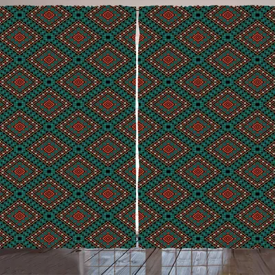 Produktbild von ARANDE Ethnisch Gardine, Antike Grenze Ethnic Tribal Symbol Antik Design Fliesenmuster Druck, 280 x 245 cm, Coral Teal Schwarz