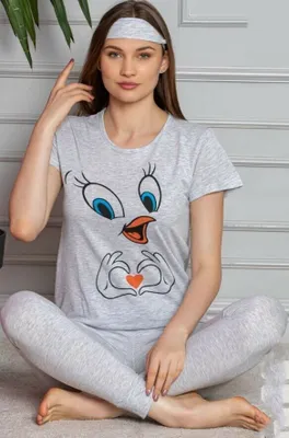 Produktbild von Damen Pyjama Schlafanzug Hellgrau L Kurz 3-Teiler Set mit Augenband S-92