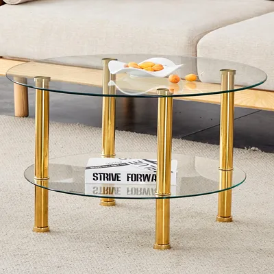 Produktbild von Moderner zweistufiger Glascouchtisch – goldfarbene Metallbeine, stabil & geräumig, leichtes s Design, ideal für leisen Luxus im Wohnzimmer, Gold/Silber