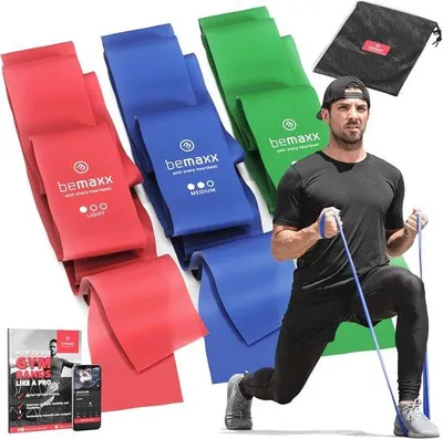 Immagine prodotto di Set di 3 bande di resistenza - Bande fitness extra lunghe da 2 m con istruzioni per l'allenamento
