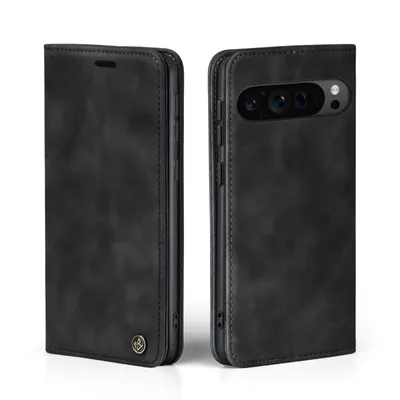 A black flip cover phone case for a Google Pixel 9 Pro XL is shown from two angles against a white background.