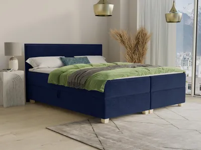 Produktbild von Boxspringbett Fren mit 2 Bettkästen - Doppelbett mit Bonell-Matratze und Topper, Polsterbett, Bett mit Holzfüße, Schlafzimmer (Dunkelblau (Kronos 09), 180 x 200 cm)