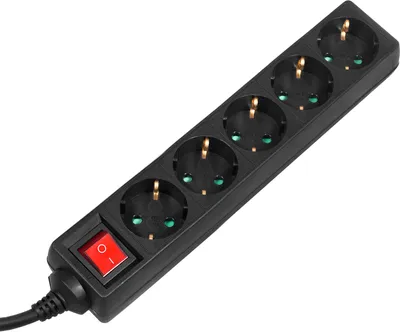 A black power strip with a red on/off switch and multiple sockets, isolated on a white background.