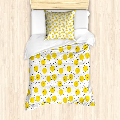Produktbild von ABAKUHAUS Gelb und Weiß Mantele, große Kreise, Milbensicher Allergiker geeignet mit Kissenbezügen, 135 cm x 200 cm - 80 x 80 cm, Marigold und Schwarz