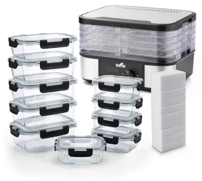 Produktbild von Bardi Professional Dörrautomat - Elektrisch 350 Watt - 5-stöckige Edelstahl-Einschübe - 9 Heizstufen - 35 °C bis 75 °C - LCD-Display - Timer - Edelstahl/Schwarz Inklusive 10 Glasbehältern für die Essenszubereitung und 10 Zauberschwämmen