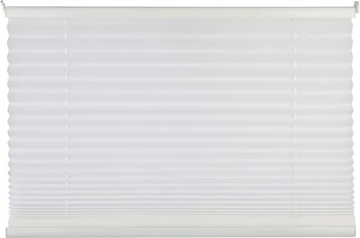 A white pleated blind is shown against a white background.