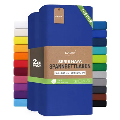 Produktbild von Lavea® 2er Pack Topper Spannbettlaken 180/200x200 cm, Bettlaken aus 100% Baumwolle Jersey – Für Topper bis 10 cm Höhe – Weich, Royalblau