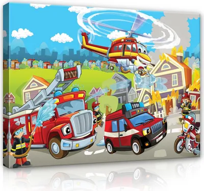 Produktbild von Leinwandbild Kinderzimmer Feuerwehr 100x70 cm Junge XXL Canvas Bilder Wandbilder Kunstdruck Wand Bild auf Leinwand Aufhängefertig