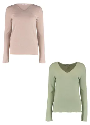 Produktbild von HaILYS Langarmshirt 2er-Set V-Ausschnitt Normale Passform Größe: L