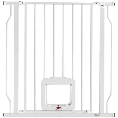 Produktbild von Treppenschutzgitter Türschutzgitter mit Katzenklappe ohne Bohren 75-85 cm aus Stahl für Hunde, Treppen, Tür, Weiß