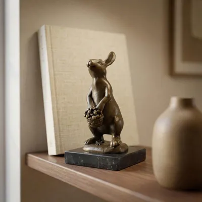 Produktbild von Hochwertige Bronzefigur Hase, patiniert, auf schwarzem Marmorsockel, H.14 cm
