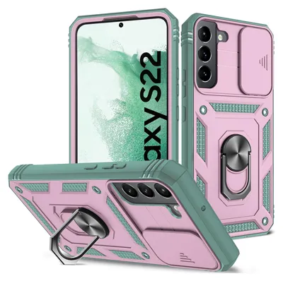 Produktbild von Galaxy S22 5G Hülle, Schiebe Kamera Schutz Robust Rüstung Stoßfest Schutzhülle mit Ringhalterung Ständer Kartenhalter für Samsung Galaxy S22 5G Lila