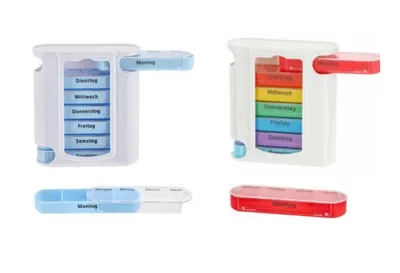 Produktbild von 2x Tablettenbox Pillenbox Medikamentenbox 7 Tage 4 Fächer bunt u. weiß/blau