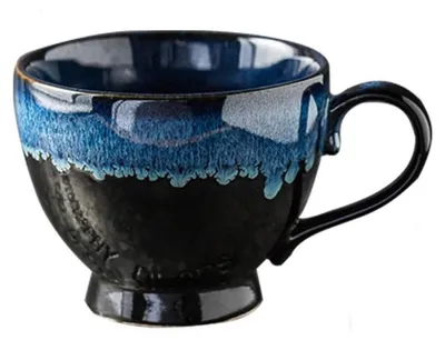 Productafbeelding van Keramische mok, groot formaat, 400 ml, koffiekop van steengoed met handvat, blauw, vintage design