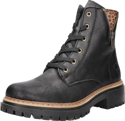 A black leather boot with laces and a leopard print lining.