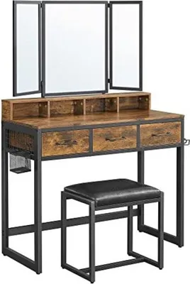 Produktbild von Rustikales Schwarz/Braun Frisiertisch-Set mit Spiegel und Hocker