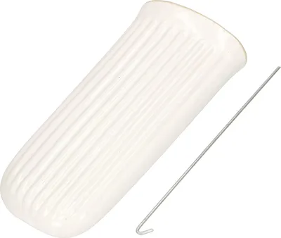 A white ceramic radiator humidifier with a metal hook is shown against a white background.