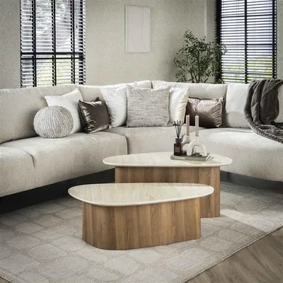 Produktbild von Hoyz Collection - Dreieckiger Couchtisch Romano - Keramik-Travertin - 2er-Set