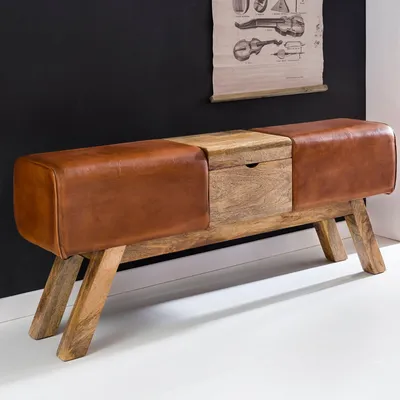 Image de FineBuy Design : banc de gymnastique en cuir véritable avec compartiment de rangement, 120 x 29 x 53 cm ; banc de gymnastique, banc pliant, tabouret, banc de vestiaire, tabouret d'assise, banc de gymnastique