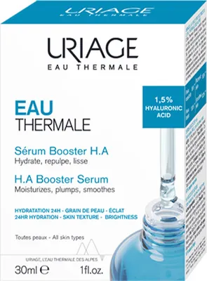 The image shows the front of a product box for Uriage Eau Thermale Serum H.A Booster Serum.
